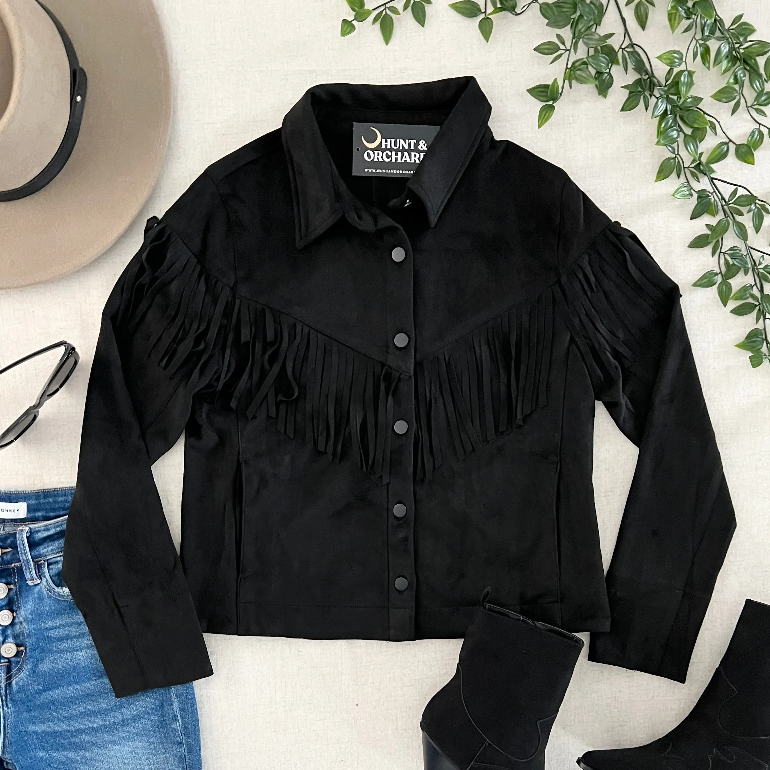 Vegan Suede Fringe Shacket - Black