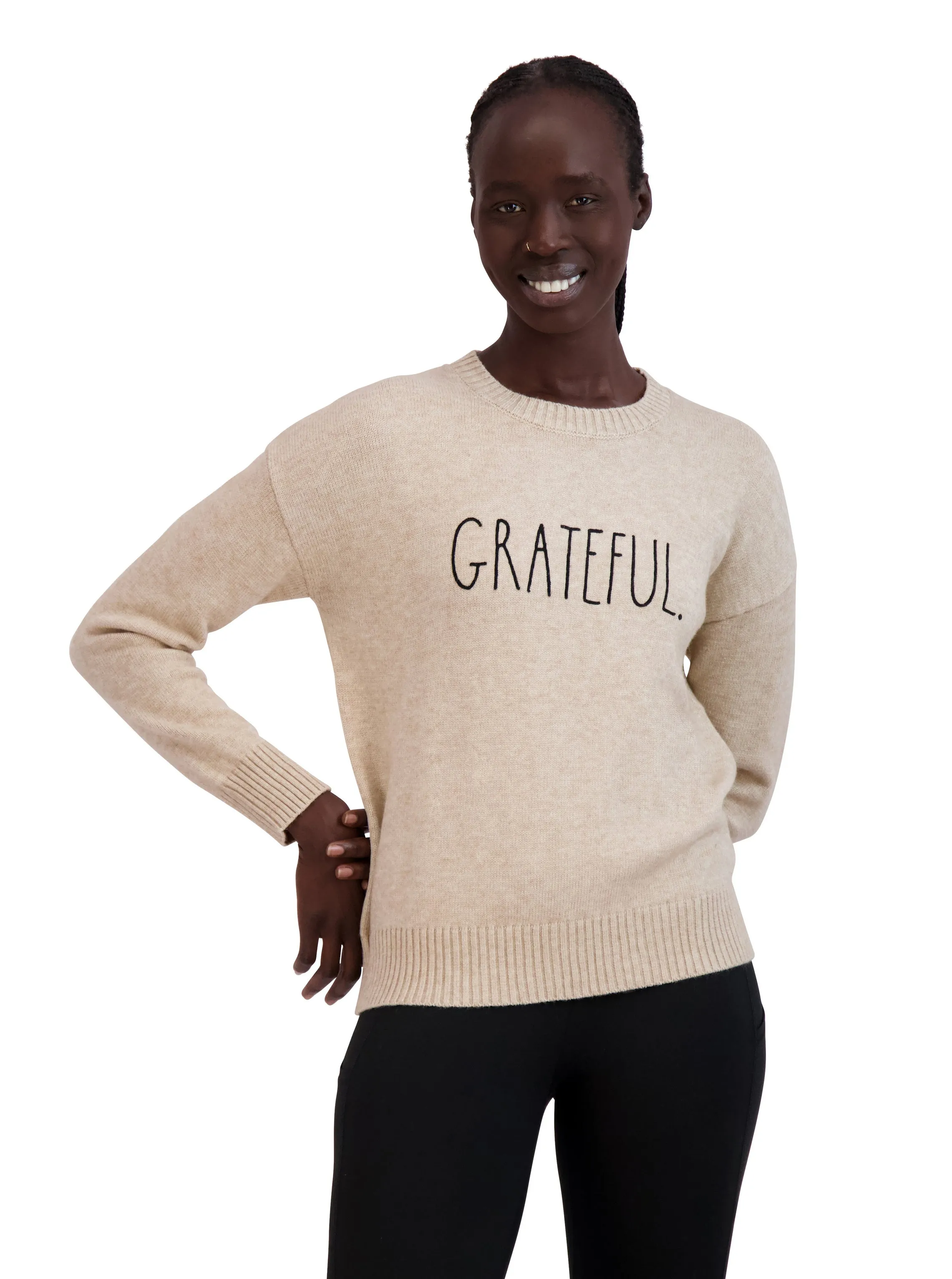 Women's Embroidered "GRATEFUL" Knit Sweater