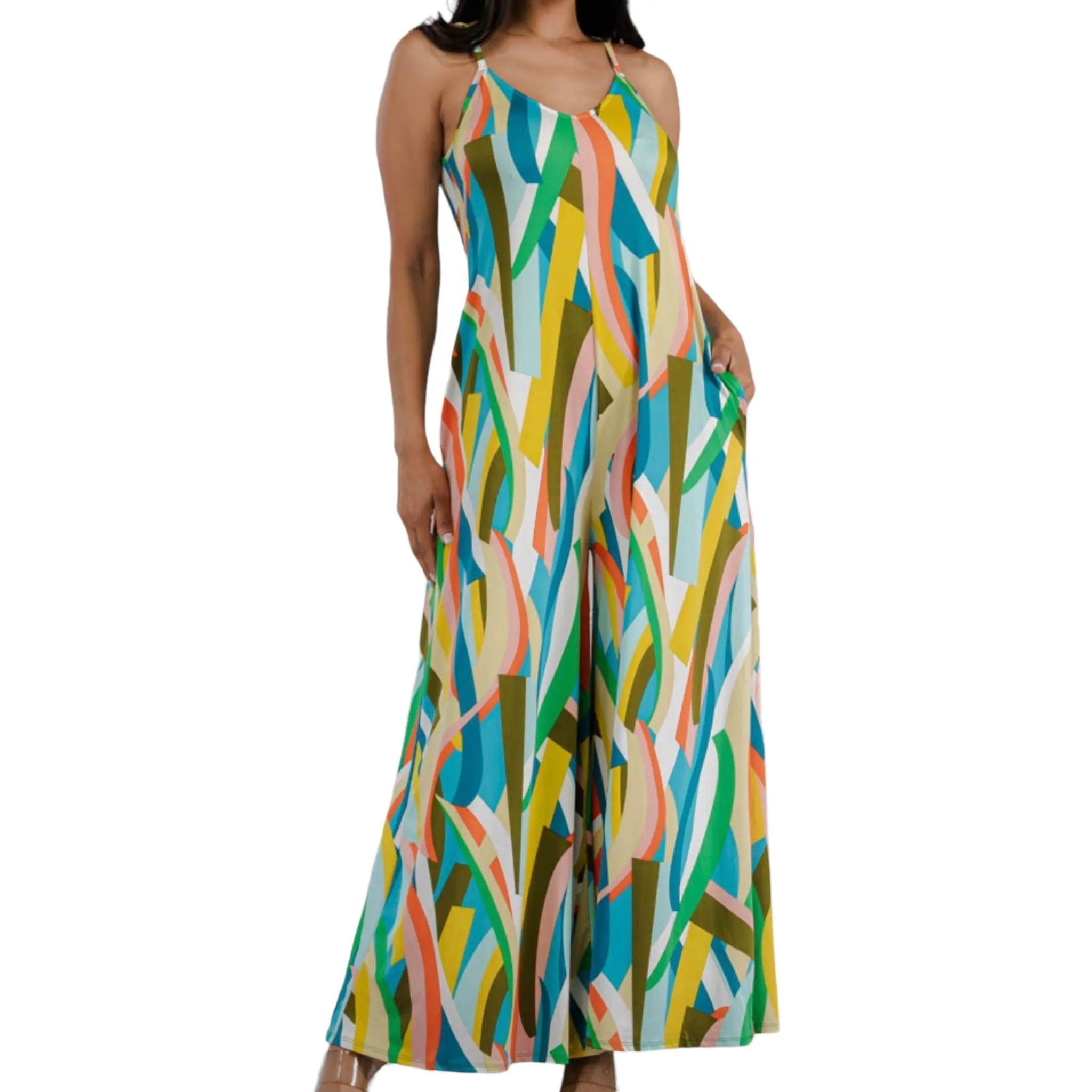 Women's Splash Of Color Wide leg Jumpsuit With Pockets