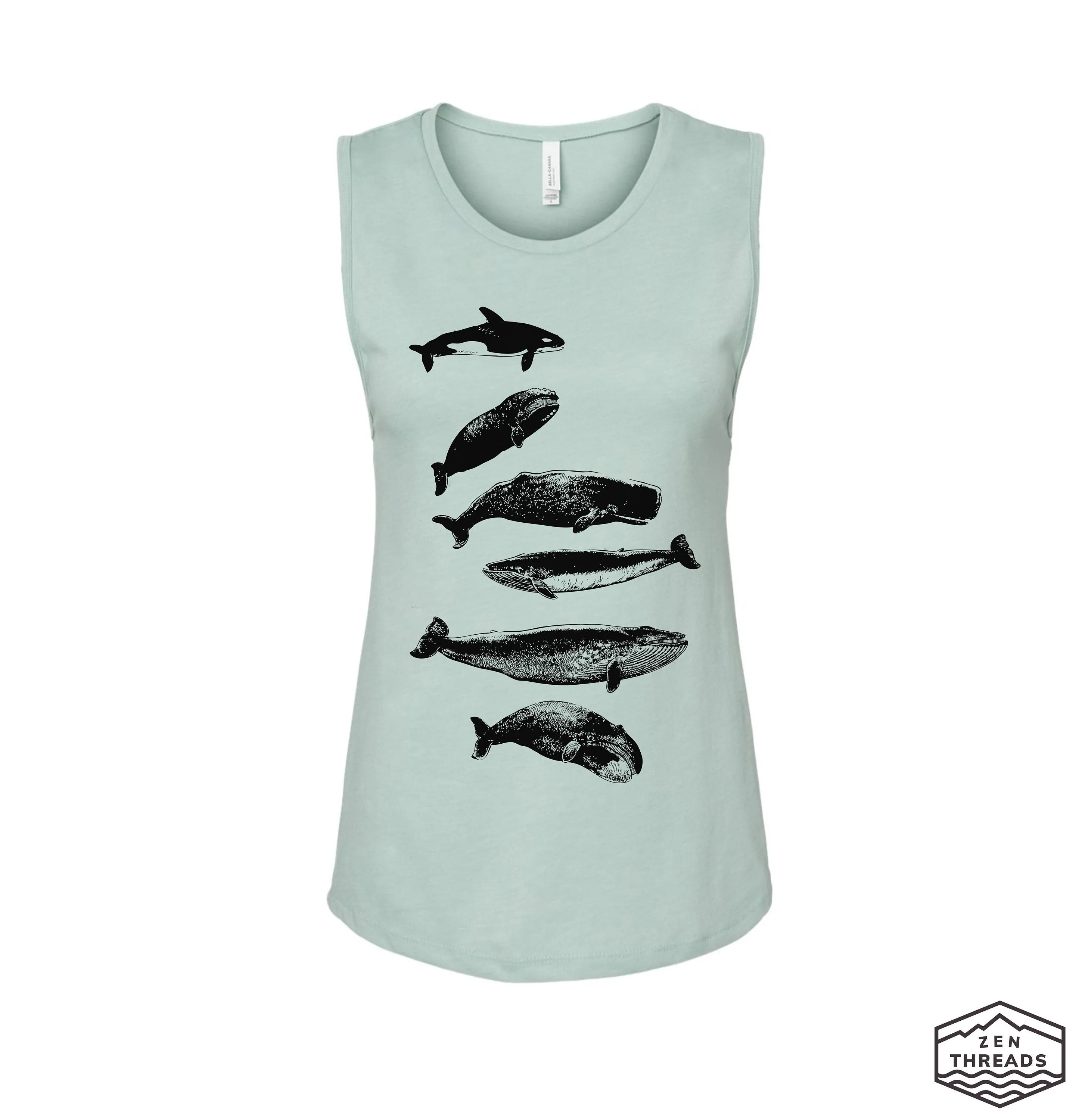 Womens WHALES Muscle Tank workout fitness tee ocean lover big fish waves top t-shirt beach apparel ladies sleeveless top orca whale watching