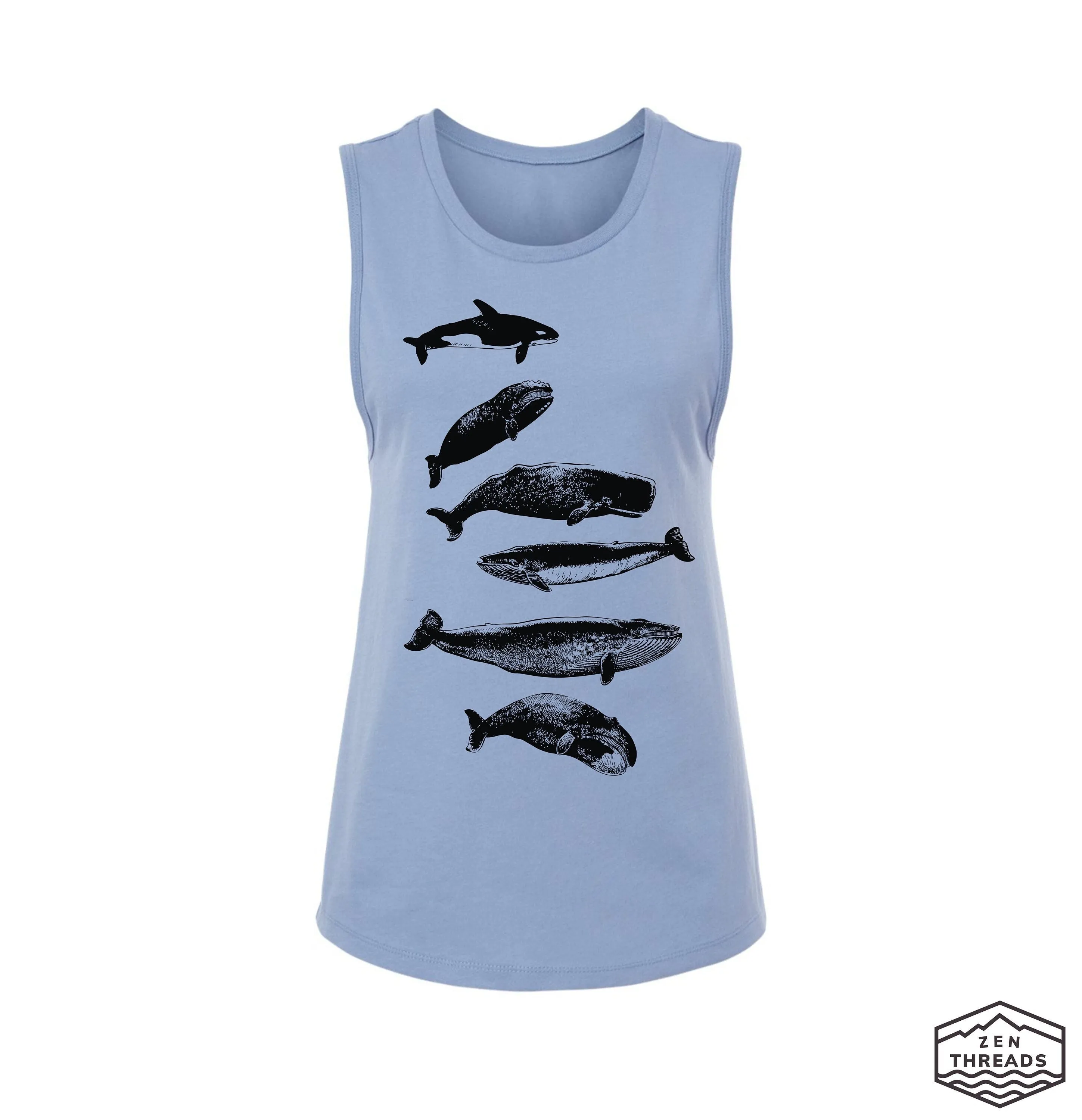 Womens WHALES Muscle Tank workout fitness tee ocean lover big fish waves top t-shirt beach apparel ladies sleeveless top orca whale watching