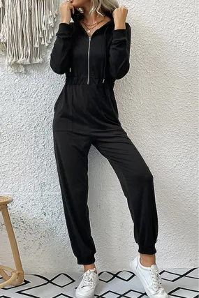 Zip Up Elastic Waist Hooded Jogger Jumpsuit